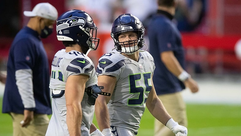 Oct 25, 2020; Glendale, Arizona, USA; Seattle Seahawks linebacker Ben Burr-Kirven (55) (R) and fullback Nick Bellore (44) (L) prior to the game against the Arizona Cardinals at State Farm Stadium. Mandatory Credit: Billy Hardiman-USA TODAY Sports