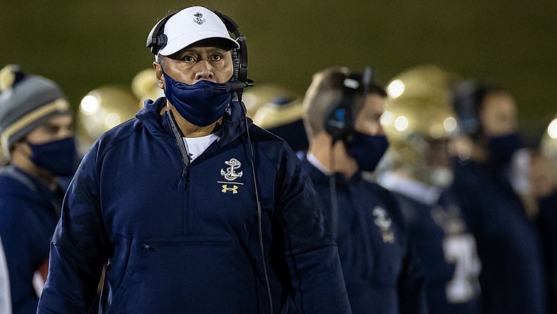 Nov 28, 2020; Annapolis, Maryland, USA; Navy Midshipmen head coach Ken Niumatalolo looks on during the second half of the game against the Navy Midshipmen at Navy-Marine Corps Memorial Stadium. Mandatory Credit: Scott Taetsch-USA TODAY Sports