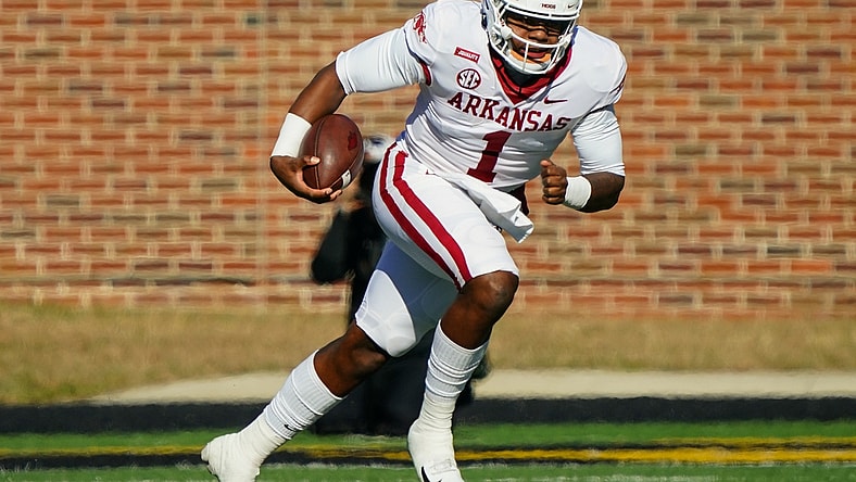 Dec 5, 2020; Columbia, Missouri, USA; Arkansas Razorbacks quarterback KJ Jefferson (1) runs against the Missouri Tigers during the first half at Faurot Field at Memorial Stadium. Mandatory Credit: Jay Biggerstaff-USA TODAY Sports