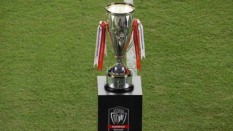 Dec 22, 2020; Orlando, Florida, USA; The Scotiabank CONCACAF Champions trophy sits at mid field during warmups before the match at the 2020 SCCL final at Exploria Stadium. Mandatory Credit: Reinhold Matay-USA TODAY Sports