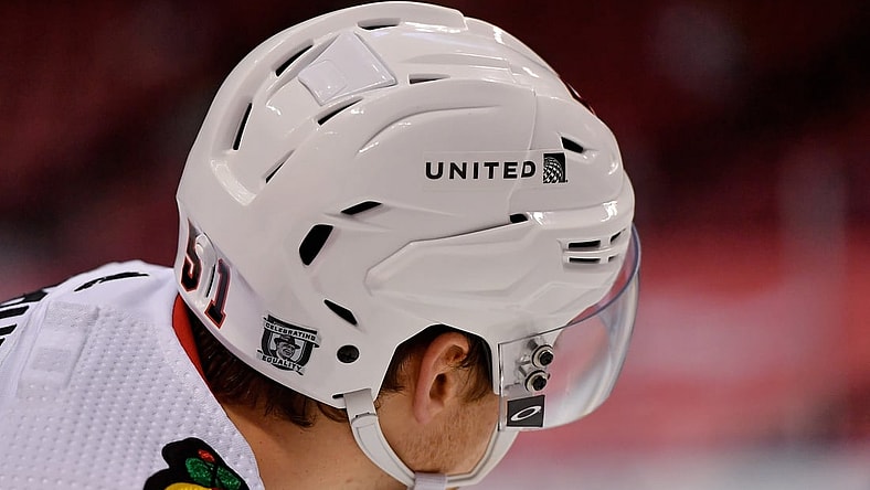 Jan 19, 2021; Sunrise, Florida, USA; A detailed view of a celebrating equality decal on the helmet of Chicago Blackhawks defenseman Ian Mitchell (51) during the third period against the Florida Panthers at BB&T Center. Mandatory Credit: Jasen Vinlove-USA TODAY Sports