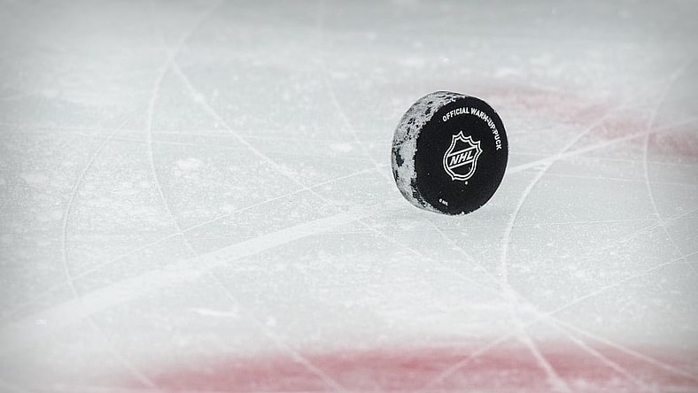 Jan 26, 2021; Dallas, Texas, USA; A view of a puck and the NHL logo and the face-off circle before the game between the Dallas Stars and the Detroit Red Wings at the American Airlines Center. Mandatory Credit: Jerome Miron-USA TODAY Sports