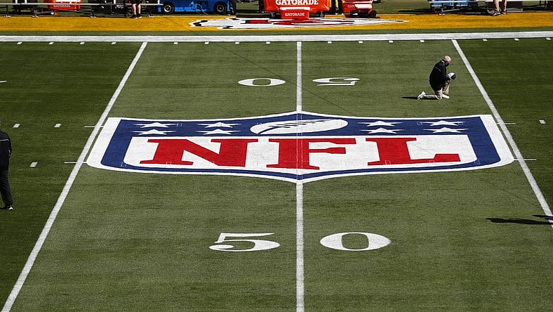 Feb 7, 2020; Tampa, FL, USA;  General view of the NFL Shield logo on the field before Super Bowl LV between the Tampa Bay Buccaneers and the Kansas City Chiefs at Raymond James Stadium.  Mandatory Credit: Kim Klement-USA TODAY Sports