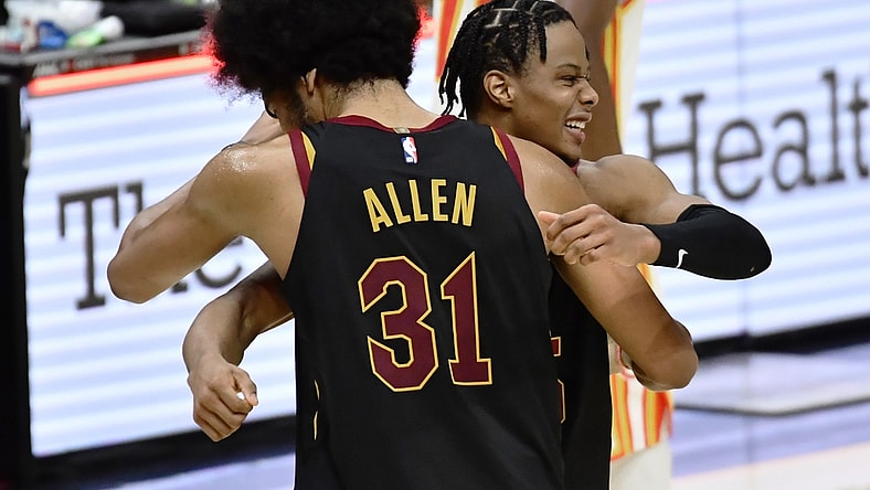 Feb 23, 2021; Cleveland, Ohio, USA; Cleveland Cavaliers center Jarrett Allen (31) and guard Isaac Okoro (35) celebrate after the Cavs beat the Atlanta Hawks at Rocket Mortgage FieldHouse. Mandatory Credit: Ken Blaze-USA TODAY Sports