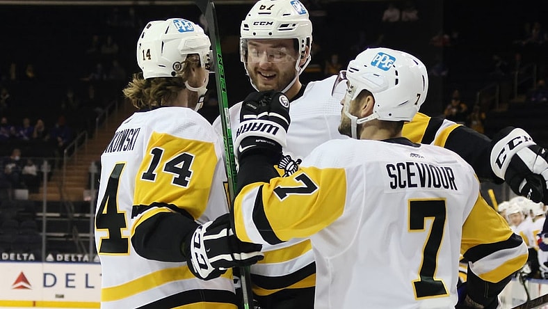 Apr 8, 2021; New York, New York, USA; Pittsburgh Penguins left wing Radim Zohorna (67) celebrates with center Mark Jankowski (14) and center Colton Sceviour (7) his goal scored against the New York Rangers during the first period at Madison Square Garden. Mandatory Credit:  Bruce Bennett/Pool Photo-USA TODAY Sports