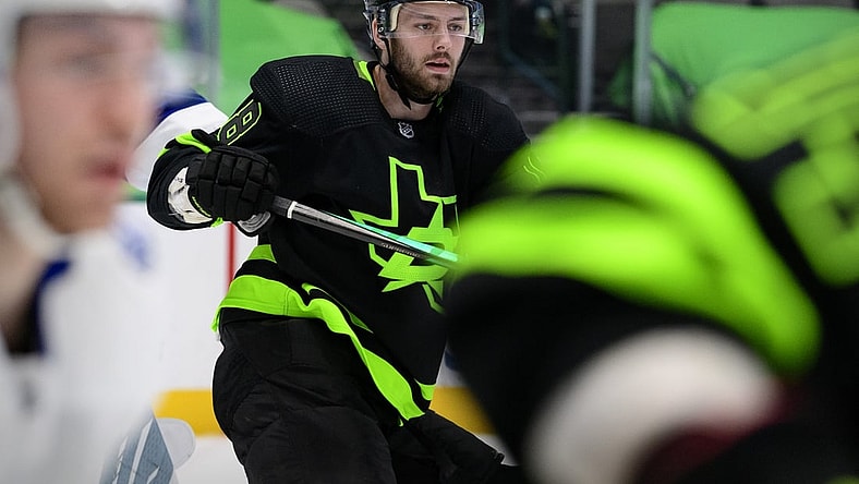 Mar 23, 2021; Dallas, Texas, USA; Dallas Stars center Jason Dickinson (18) in action during the game between the Dallas Stars and the Tampa Bay Lightning at the American Airlines Center. Mandatory Credit: Jerome Miron-USA TODAY Sports
