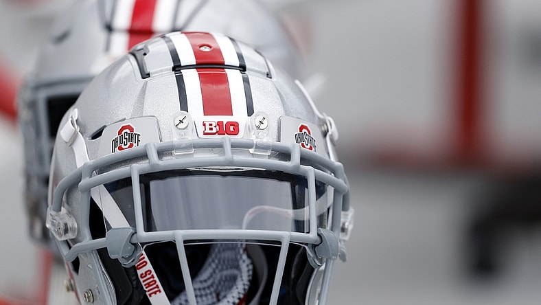 Apr 17, 2021; Columbus, Ohio, USA; Ohio State Buckeyes helmet during the annual spring game at Ohio Stadium. Mandatory Credit: Joseph Maiorana-USA TODAY Sports