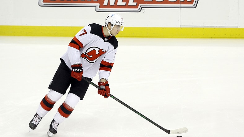 Apr 22, 2021; Pittsburgh, Pennsylvania, USA;  New Jersey Devils center Yegor Sharangovich (17) warms up before playing the Pittsburgh Penguins at PPG Paints Arena. Mandatory Credit: Charles LeClaire-USA TODAY Sports
