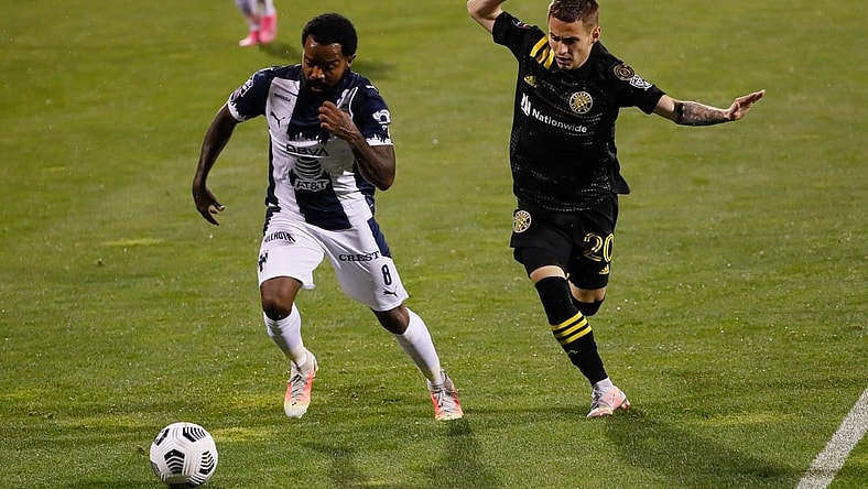 Columbus Crew SC midfielder Alexandru Matan (20) chases down CF Monterrey forward Dorlan Pab  n (8) during the second half of the first leg of the CONCACAF Champions League quarterfinals at Crew Stadium in Columbus on Wednesday, April 28, 2021.

Columbus Crew Sc Vs Cf Monterrey