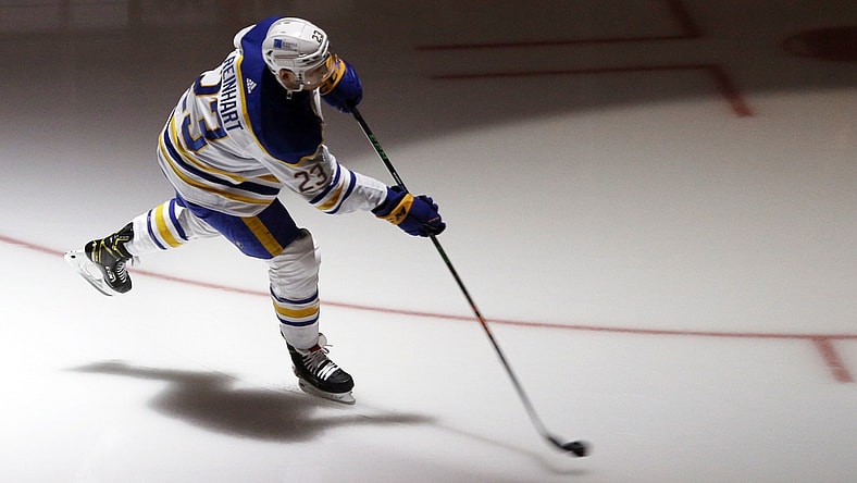 May 8, 2021; Pittsburgh, Pennsylvania, USA;  Buffalo Sabres center Sam Reinhart (23) takes the ice to warm up against the Pittsburgh Penguins at PPG Paints Arena. Mandatory Credit: Charles LeClaire-USA TODAY Sports
