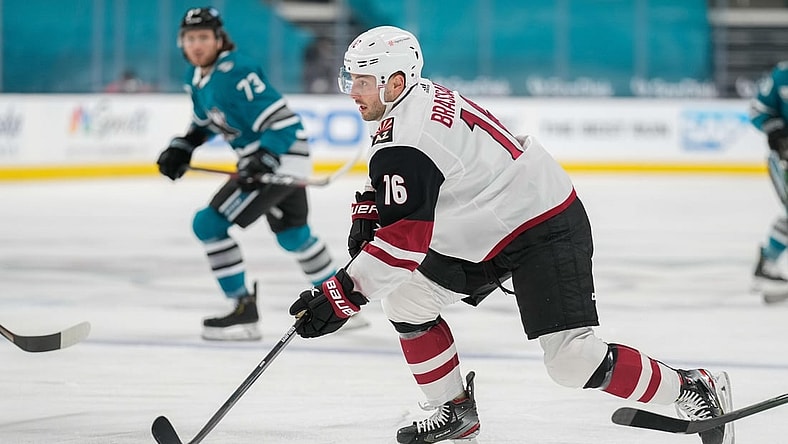 May 8, 2021; San Jose, California, USA;  Arizona Coyotes center Derick Brassard (16) controls the puck during the first period against the San Jose Sharks at SAP Center at San Jose. Mandatory Credit: Stan Szeto-USA TODAY Sports
