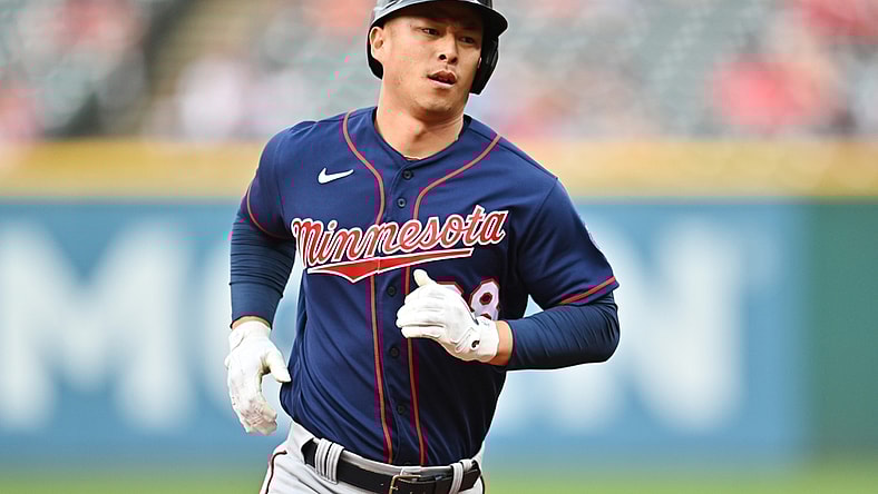 May 21, 2021; Cleveland, Ohio, USA; Minnesota Twins center fielder Rob Refsnyder (38) rounds the bases after hitting a home run during the third inning against the Cleveland Indians at Progressive Field. Mandatory Credit: Ken Blaze-USA TODAY Sports