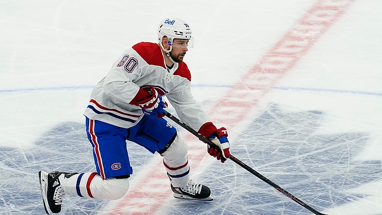 May 20, 2021; Toronto, Ontario, CAN; Montreal Canadiens forward Tomas Tatar (90) carries the puck against the Toronto Maple Leafs during the third period of game one of the first round of the 2021 Stanley Cup Playoffs at Scotiabank Arena. Mandatory Credit: John E. Sokolowski-USA TODAY Sports
