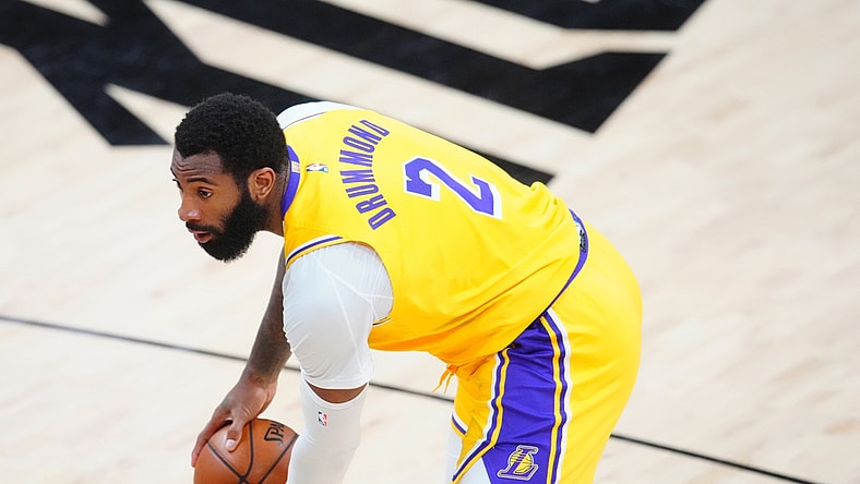 Jun 1, 2021; Phoenix, Arizona, USA; Los Angeles Lakers center Andre Drummond (2) against the Phoenix Suns during game five in the first round of the 2021 NBA Playoffs at Phoenix Suns Arena. Mandatory Credit: Mark J. Rebilas-USA TODAY Sports