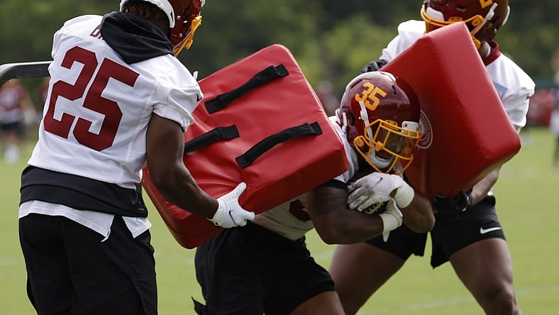 Jun 10, 2021; Ashburn, VA, USA; Washington Football Team running back Lamar Miller (35) carries the ball between Washington Football Team running back Payton Barber (25) and Washington Football Team running back Antonio Gibson (24) during drills as part of minicamp at Inova Sports Performance Center. Mandatory Credit: Geoff Burke-USA TODAY Sports