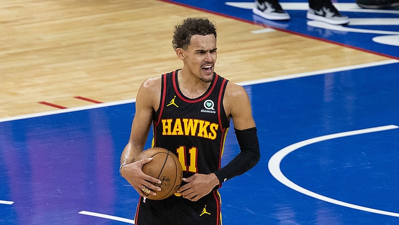 Jun 20, 2021; Philadelphia, Pennsylvania, USA; Atlanta Hawks guard Trae Young (11) reacts with fans in the closing seconds of a victory against the Philadelphia 76ers in game seven of the second round of the 2021 NBA Playoffs at Wells Fargo Center. Mandatory Credit: Bill Streicher-USA TODAY Sports