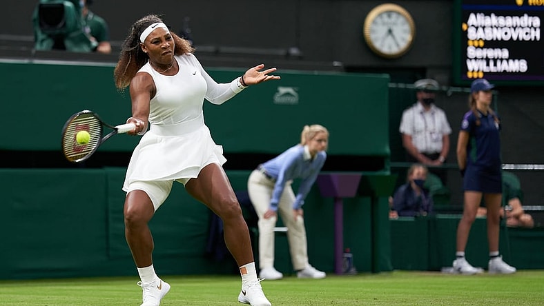 Jun 29, 2021; London, United Kingdom;  Serena Williams (USA) seen playing Aliaksandra Sasnovich (BLR) in first round ladies singles on centre court at All England Lawn Tennis and Croquet Club.  Mandatory Credit: Peter Van den Berg-USA TODAY Sports