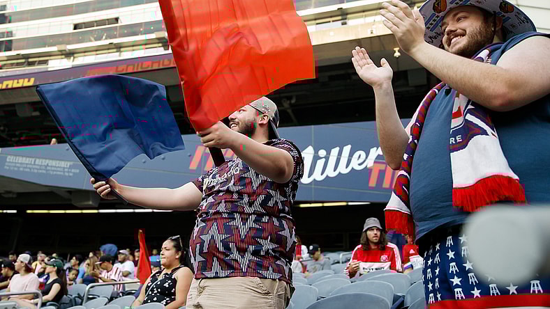 Jul 3, 2021; Chicago, Illinois, USA; Chicago Fire fans cheer before the game between the Chicago Fire and the Atlanta United at Soldier Field. Mandatory Credit: Jon Durr-USA TODAY Sports