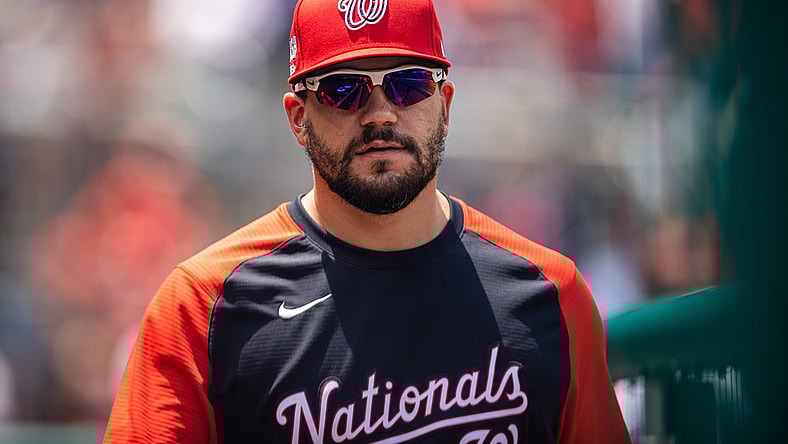 Jul 4, 2021; Washington, District of Columbia, USA; Washington Nationals Kyle Schwarber (12) looks on from the dugout during the game against the Los Angeles Dodgers at Nationals Park. Mandatory Credit: Scott Taetsch-USA TODAY Sports