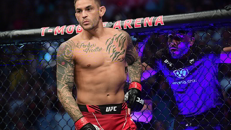 Jul 10, 2021; Las Vegas, Nevada, USA; Dustin Poirier before fighting Conor McGregor during UFC 264 at T-Mobile Arena. Mandatory Credit: Gary A. Vasquez-USA TODAY Sports