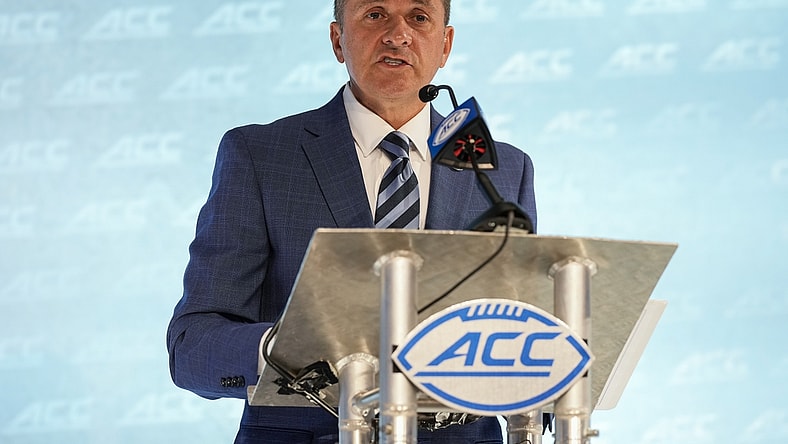 Jul 21, 2021; Charlotte, NC, USA; ACC commissioner Jim Phillips speaks to the media during the ACC Kickoff at The Westin Charlotte. Mandatory Credit: Jim Dedmon-USA TODAY Sports