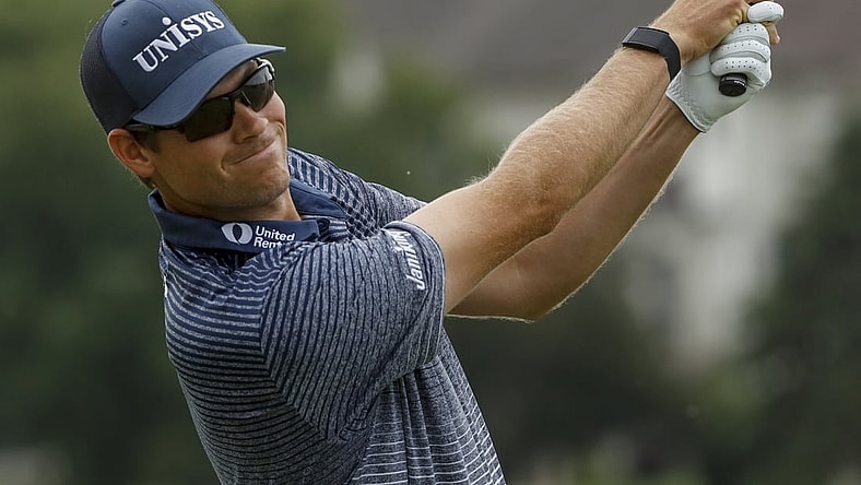 Jul 23, 2021; Blaine, Minnesota, USA; Adam Schenk tees off from the 4th hole during the second round of the 3M Open golf tournament. Mandatory Credit: Bruce Kluckhohn-USA TODAY Sports