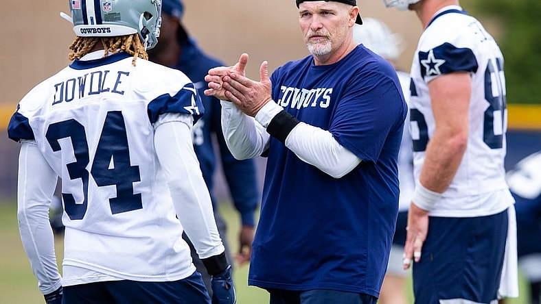 Jul 24, 2021; Oxnard, CA, USA; Dallas Cowboys defensive coordinator Dan Quinn during training camp at the Marriott Residence Inn. Mandatory Credit: Jason Parkhurst-USA TODAY Sports