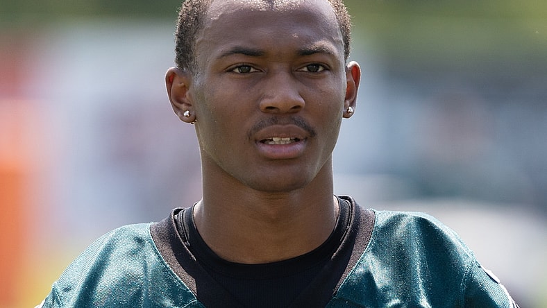 Jul 28, 2021; Philadelphia, PA, USA; wide receiver DeVonta Smith during training camp at NovaCare Complex. Mandatory Credit: Bill Streicher-USA TODAY Sports