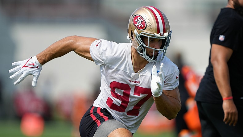 Jul 28, 2021; Santa Clara, CA, USA;  San Francisco 49ers defensive end Nick Bosa (97) runs during training camp at the SAP Performance Facility.  Mandatory Credit: Stan Szeto-USA TODAY Sports
