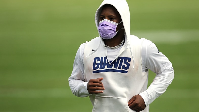 Running back Saquon Barkley jogs off the field at the end of Giants practice, in East Rutherford. Wednesday, July 28, 2021Giants