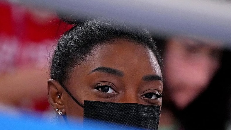 Jul 29, 2021; Tokyo, Japan; Simone Biles looks on in the women's gymnastics individual all-around final during the Tokyo 2020 Olympic Summer Games at Ariake Gymnastics Centre. Mandatory Credit: Robert Deutsch-USA TODAY Sports