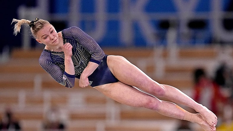 Jul 29, 2021; Tokyo, Japan; Jade Carey (USA) competes on the floor in the women's gymnastics individual all-around final during the Tokyo 2020 Olympic Summer Games at Ariake Gymnastics Centre. Mandatory Credit: Danielle Parhizkaran-USA TODAY Sports