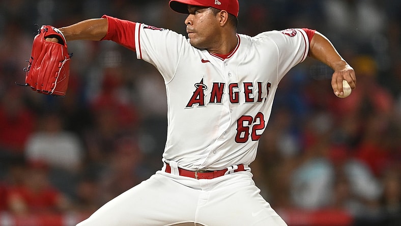 Jul 29, 2021; Anaheim, California, USA;  Los Angeles Angels starting pitcher Jose Quintana (62) in the fifth inning of the game against the against the Oakland Athletics at Angel Stadium. Mandatory Credit: Jayne Kamin-Oncea-USA TODAY Sports