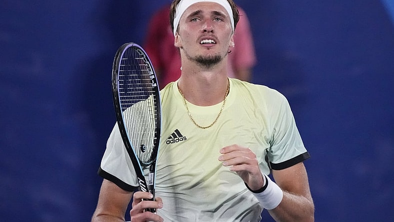Jul 30, 2021; Tokyo, Japan; Alexander Zverev (GER) reacts after beating Novak Djokovic (SRB) in the men's singles semifinals during the Tokyo 2020 Olympic Summer Games at Ariake Tennis Park. Mandatory Credit: Robert Deutsch-USA TODAY Sports