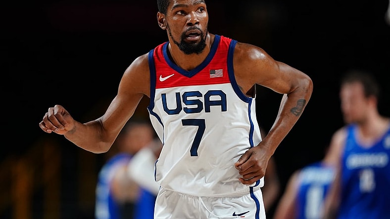 Jul 31, 2021; Saitama, Japan; Team United States forward Kevin Durant (7) reacts after scoring against Czech Republic during the Tokyo 2020 Olympic Summer Games at Saitama Super Arena. Mandatory Credit: Kareem Elgazzar-USA TODAY Sports