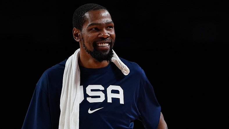 Jul 31, 2021; Saitama, Japan; Team United States forward Kevin Durant (7) reacts after defeating Czech Republic during the Tokyo 2020 Olympic Summer Games at Saitama Super Arena. Mandatory Credit: Kareem Elgazzar-USA TODAY Sports