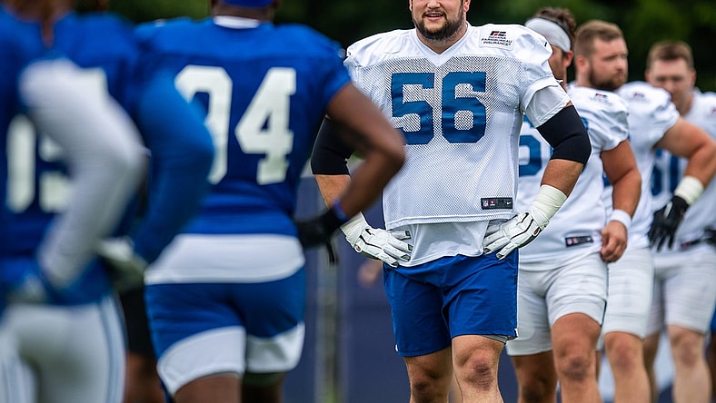 Indianapolis Colts offensive guard Quenton Nelson (56) lines up for stretches during practice Saturday, July 31, 2021.