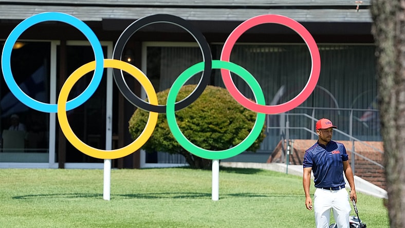 Aug 1, 2021; Tokyo, Japan; Xander Schauffele (USA) looks on from the practice putting green during the final round of the men's individual stroke play of the Tokyo 2020 Olympic Summer Games at Kasumigaseki Country Club. Mandatory Credit: Kyle Terada-USA TODAY Sports