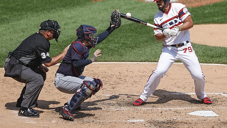 Aug 1, 2021; Chicago, Illinois, USA; Chicago White Sox first baseman Jose Abreu (79) is hit by a pitch from Cleveland Indians starting pitcher Cal Quantrill (not pictured) during the fifth inning at Guaranteed Rate Field. Mandatory Credit: Kamil Krzaczynski-USA TODAY Sports