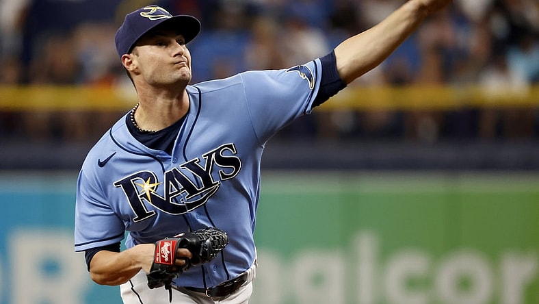 Aug 1, 2021; St. Petersburg, Florida, USA; Tampa Bay Rays starting pitcher Shane McClanahan (62) throws a pitch against the Boston Red Sox during the first inning at Tropicana Field. Mandatory Credit: Kim Klement-USA TODAY Sports