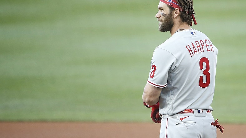 Aug 2, 2021; Washington, District of Columbia, USA; Philadelphia Phillies right fielder Bryce Harper (3) reacts after hitting a fly ball for an out against the Washington Nationals during the first inning at Nationals Park. Mandatory Credit: Amber Searls-USA TODAY Sports