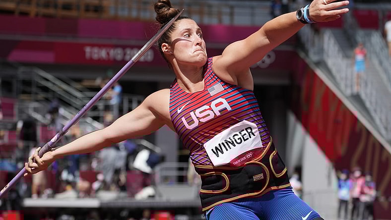 Aug 3, 2021; Tokyo, Japan; Kara Winger (USA) in the women's javelin throw qualification during the Tokyo 2020 Summer Olympic Games at Olympic Stadium. Mandatory Credit: Kirby Lee-USA TODAY Sports