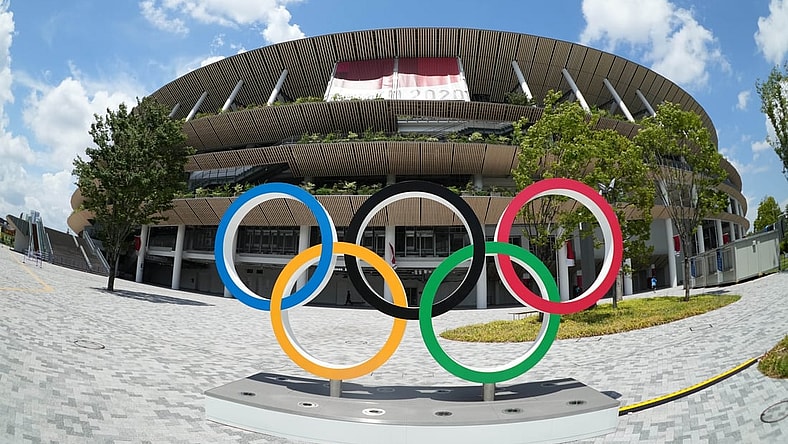 Jul 29, 2021; Tokyo, Japan; A general overall view of the Olympic rings outside of New National Stadium, the venue for track and field and opening and closing ceremonies during the Tokyo 2020 Olympic Summer Games. Mandatory Credit: Kirby Lee-USA TODAY Sports