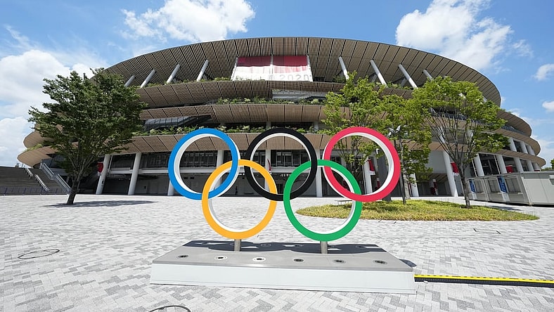 Jul 29, 2021; Tokyo, Japan; A general overall view of the Olympic rings outside of New National Stadium, the venue for track and field and opening and closing ceremonies during the Tokyo 2020 Olympic Summer Games. Mandatory Credit: Kirby Lee-USA TODAY Sports