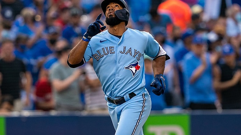 Aug 3, 2021; Toronto, Ontario, CAN; Toronto Blue Jays right fielder Teoscar Hernandez (37) celebrates after hitting a home run against the Cleveland Indians during the first inning at Rogers Centre. Mandatory Credit: Kevin Sousa-USA TODAY Sports