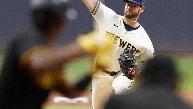 Aug 3, 2021; Milwaukee, Wisconsin, USA;  Milwaukee Brewers pitcher Adrian Houser (37) throws a pitch against the Pittsburgh Pirates during the first inning at American Family Field. Mandatory Credit: Jeff Hanisch-USA TODAY Sports