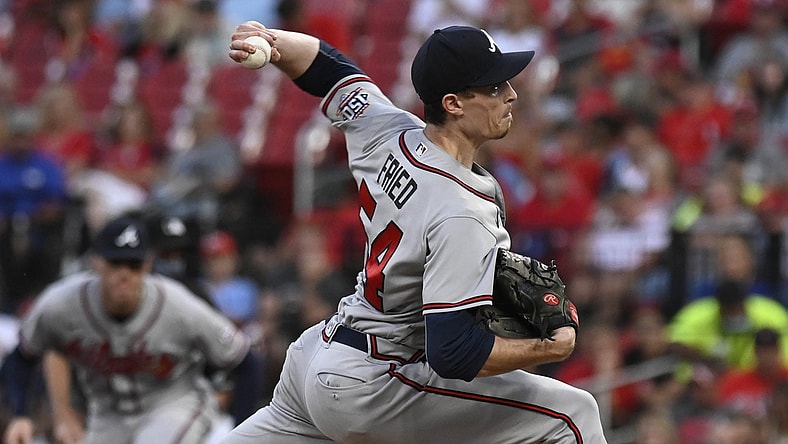 Aug 3, 2021; St. Louis, Missouri, USA; Atlanta Braves starting pitcher Max Fried (54) throws against the St. Louis Cardinals in the first inning at Busch Stadium. Mandatory Credit: Jeff Le-USA TODAY Sports