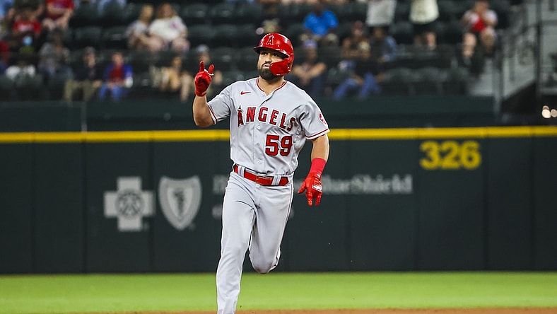 Aug 3, 2021; Arlington, Texas, USA; Los Angeles Angels third baseman Jack Mayfield (59) reacts after hitting a home run during the sixth inning against the Texas Rangers at Globe Life Field. Mandatory Credit: Kevin Jairaj-USA TODAY Sports