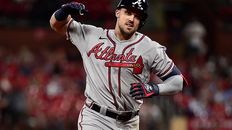 Aug 4, 2021; St. Louis, Missouri, USA;  Atlanta Braves left fielder Adam Duvall (14) reacts as he runs the bases after hitting a two run home run during the sixth inning against the St. Louis Cardinals at Busch Stadium. Mandatory Credit: Jeff Curry-USA TODAY Sports