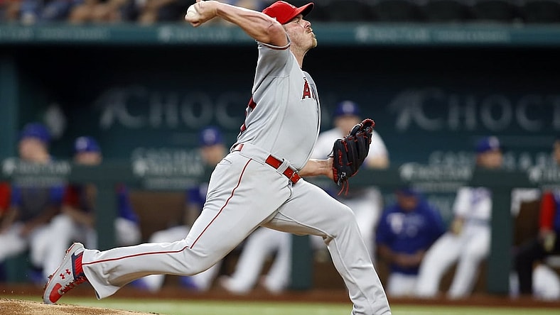 Aug 5, 2021; Arlington, Texas, USA; Los Angeles Angels starting pitcher Dylan Bundy (37) pitches in the first inning against the Texas Rangers at Globe Life Field. Mandatory Credit: Tim Heitman-USA TODAY Sports